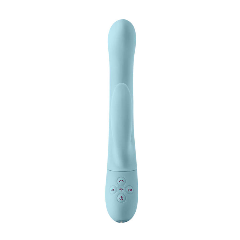 A front view of the FemmeFunn Balai shows the clitoral arm flush with the shaft. This angle showcases the four-button control panel at the base of the rabbit vibrator. The four-button control panel looks like a compass with a button for internal shaft vibrations, external arm vibrations, external arm swaying, and the power button. The magnetic charging contact port is barely visible at the very base of the vibrator. | Kinkly Shop
