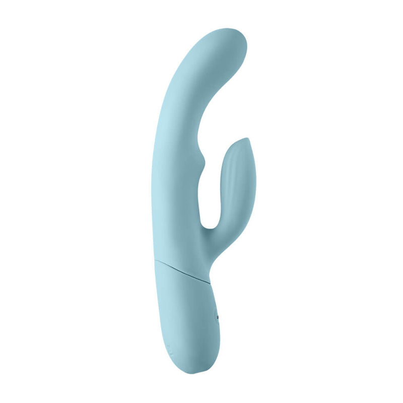 Side profile of the FemmeFunn Balai. This angle makes it easier to view the unique shape of the insertable shaft. It has a deep g-spot/p-spot curve towards the tip. There's also a small bump/protrusion 2/3rds down the shaft to provide extra stimulation near the entrance when the toy is inserted. | Kinkly Shop