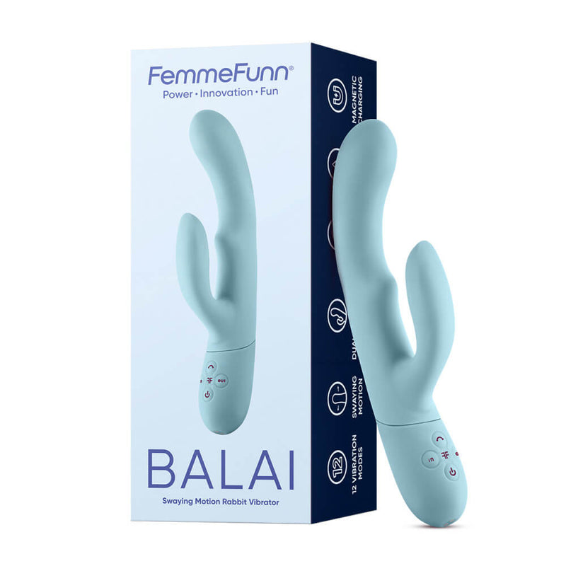 FemmeFunn Balai leans up against the packaging that it comes in in front of a white background. | Kinkly Shop