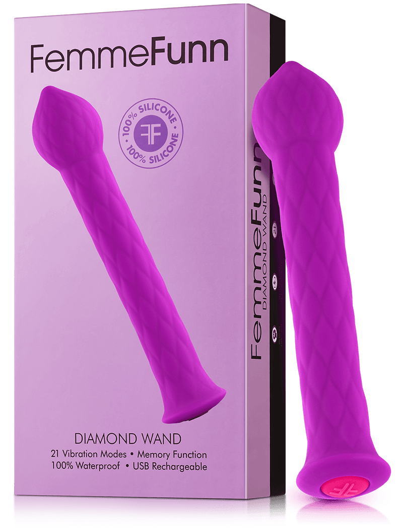 FemmeFunn Diamond Wand in Purple shown leaning up against its packaging | Kinkly Shop