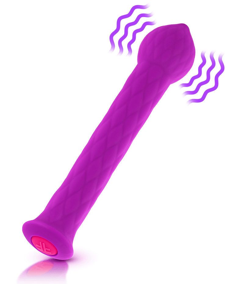 Picture of the FemmeFunn Diamond Wand with illustrations super-imposed on top of it. The illustrations show where the vibrations are located (in the bulbous tip of the vibrator) | Kinkly Shop
