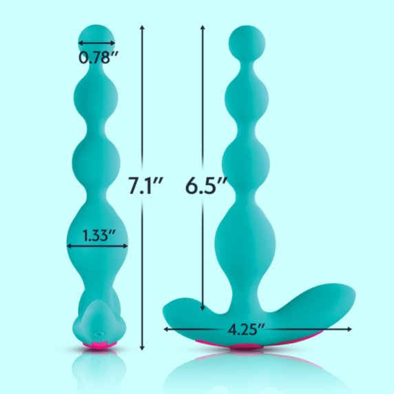 An image of the FemmeFunn Funn Beads Anal with measurements superimposed over its design. It is 7.1" in total length with an insertable length of 6.5". The base is 4.25" in length. The smallest bead is 0.78" in diameter with the largest bead being shown at 1.33" in diameter. | Kinkly Shop