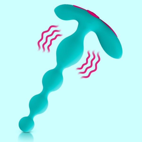 Illustrated image shows the FemmeFunn Funn Beads Anal upside down. Wavy marks surround the lowest and largest bead that's closest to the base to signify the location of the vibration motor on the FemmeFunn Funn Beads Anal. | Kinkly Shop