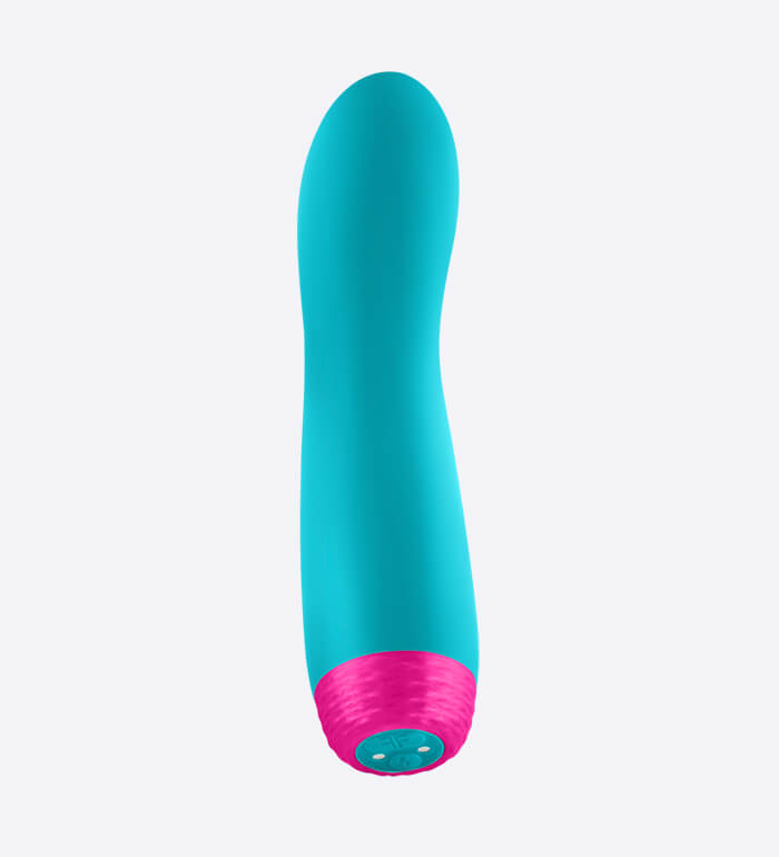 The FemmeFunn Rora Rotating Bullet slightly tilted away so that the two buttons on the base of the vibrator can be seen. The two magnetic charging ports at the base of the vibe are visible. | Kinkly Shop