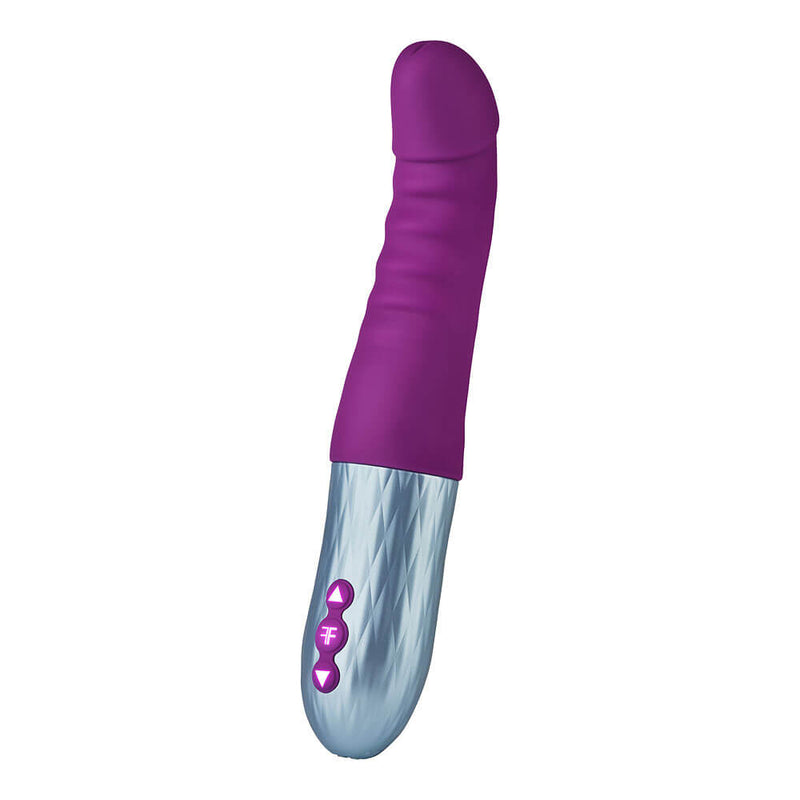 The FemmeFunn Cadenza against a white background. The vibrator has three buttons at the base near the plastic handle. The tip of the thrusting dildo has a realistic, pronounced head along with ridges and a g-spot curve. | Kinkly Shop