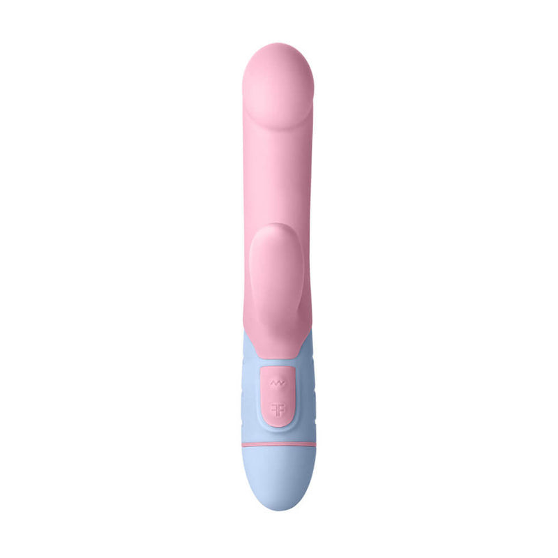 This top-down view of the Femme Funn FFIX Rabbit showcases the design of the cheap rabbit vibrator. The shaft remains a similar diameter throughout the shaft. At the base of the vibe, the rounded handle clearly has an area that can be unscrewed to insert the batteries. Two buttons are found at the base of the vibe. | Kinkly Shop