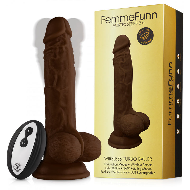 The FemmeFunn Vortex Wireless Turbo Baller in Cocoa sitting next to the packaging and its wireless remote control. | Kinkly Shop