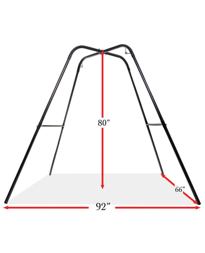 The Fetish Fantasy Series Sex Swing Stand in front of a white background without a swing hung on it. The measurements are superimposed over the image. All measurements are included within the text of the product description. | Kinkly Shop