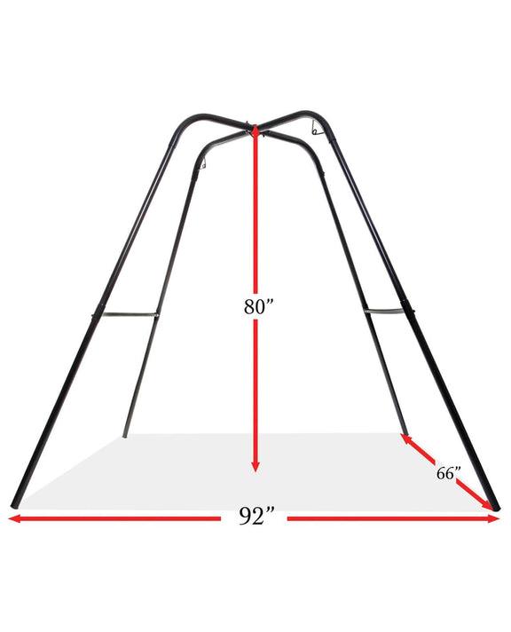 The Fetish Fantasy Series Sex Swing Stand in front of a white background without a swing hung on it. The measurements are superimposed over the image. All measurements are included within the text of the product description. | Kinkly Shop