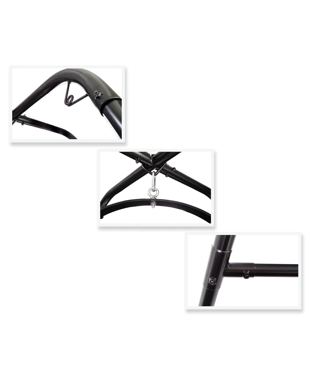 Close-up images of various features of the Fetish Fantasy Series Sex Swing Stand. This includes the bondage loops in the upper frame corners, the center hanging point where the sex swings are hung, and the connecting joints of the sides of the frame where the bars come together. | Kinkly Shop