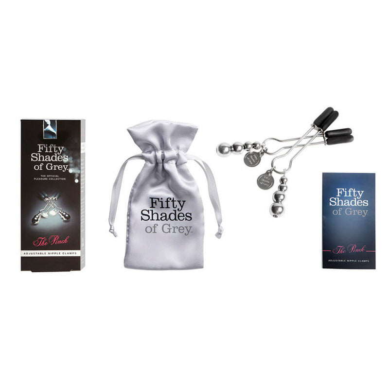 Everything that's included with your purchase of the Fifty Shades of Grey Pinch Nipple Clamps. It includes a storage bag, the two clamps, and a booklet about the clamps. | Kinkly Shop