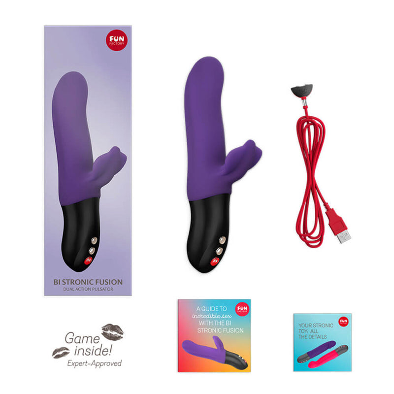 Everything that's included with the Fun Factory Bi Stronic Fusion. It includes the vibrator, the charging cord, a guide to pulsating toys, the instruction manual, and the box itself. | Kinkly Shop