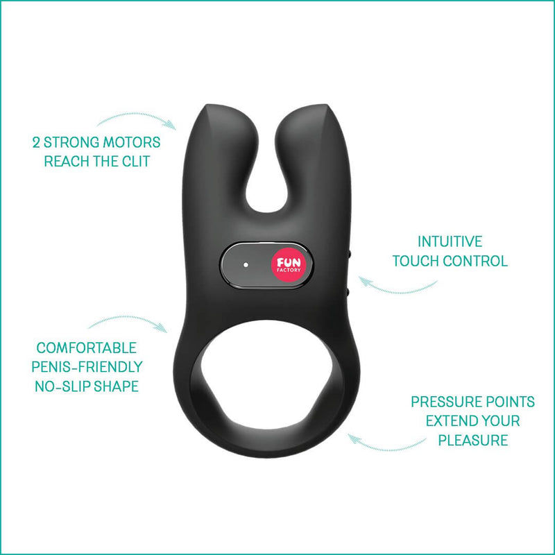 The Fun Factory NŌS presented on a white background. An arrow points to the tip of the clitoral nubs and say "2 Strong Motors Reach the Clit". Another arrow points to the ring and says "Comfortable Penis-Friendly No-Slip Shape". Another arrow points to the button in the middle and says "Intuitive Touch Control". Another arrow points to the ring and states "Pressure Points Extend Your Pleasure." | Kinkly Shop