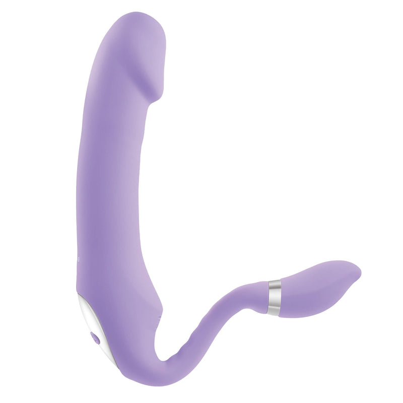 The Gender X Orgasmic Orchid up against a white background. The "tail" of the toy is bent at a 90-degree angle from the shaft of the toy. This showcases how the toy could be inserted into the body while simultaneously pleasuring another area on the body like dual vaginal/clitoral use. | Kinkly Shop