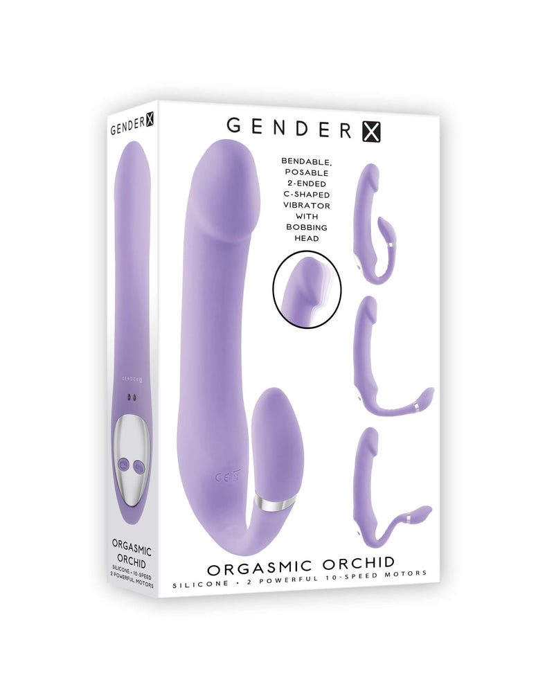 Packaging for the Gender X Orgasmic Orchid. It is a plain white box with different bendable configurations for the toy shown all over the box. | Kinkly Shop