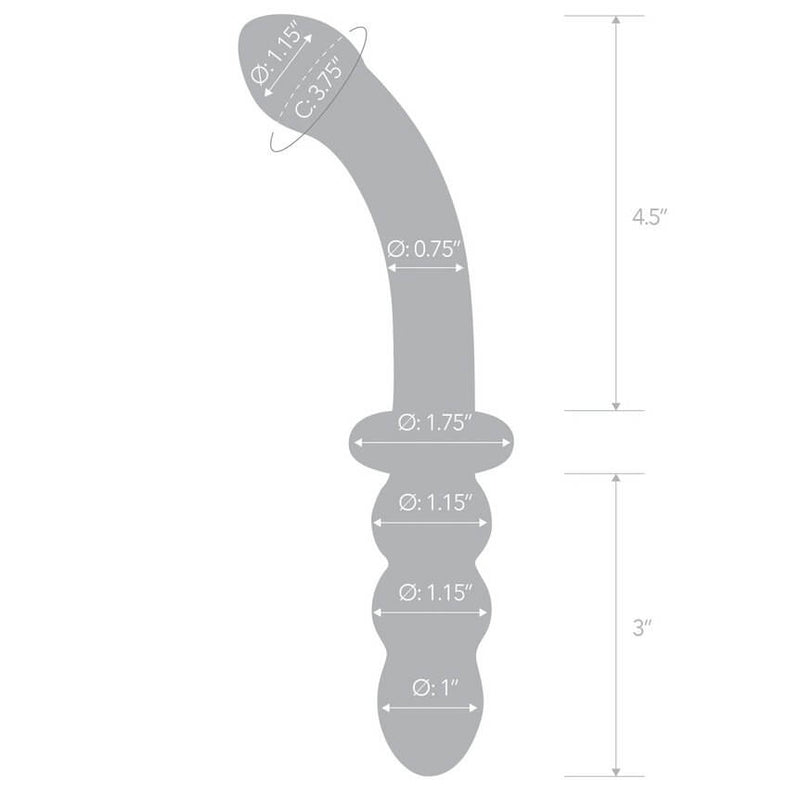 An outline of the 8" Glass Ribbed G-Spot dildo with various measurements of the dildo superimposed over the outline. All of the measurements are included within the text of the product information. | Kinkly Shop