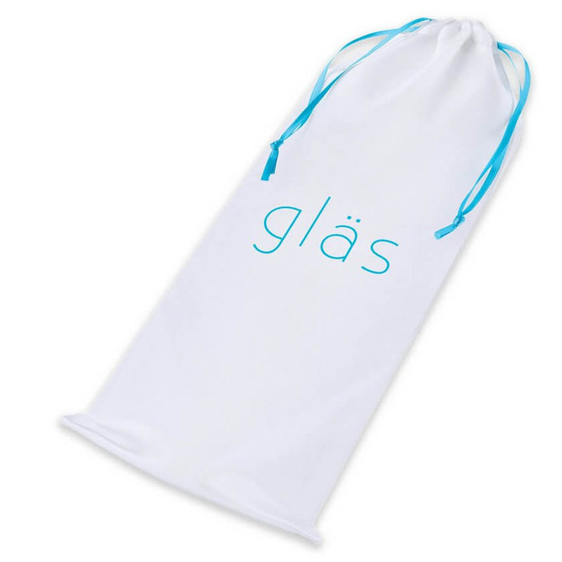 The included drawstring bag that comes with the 8" Glass Ribbed G-Spot dildo. The drawstring bag is white with the "Glas" brand emblazoned on the front. | Kinkly Shop