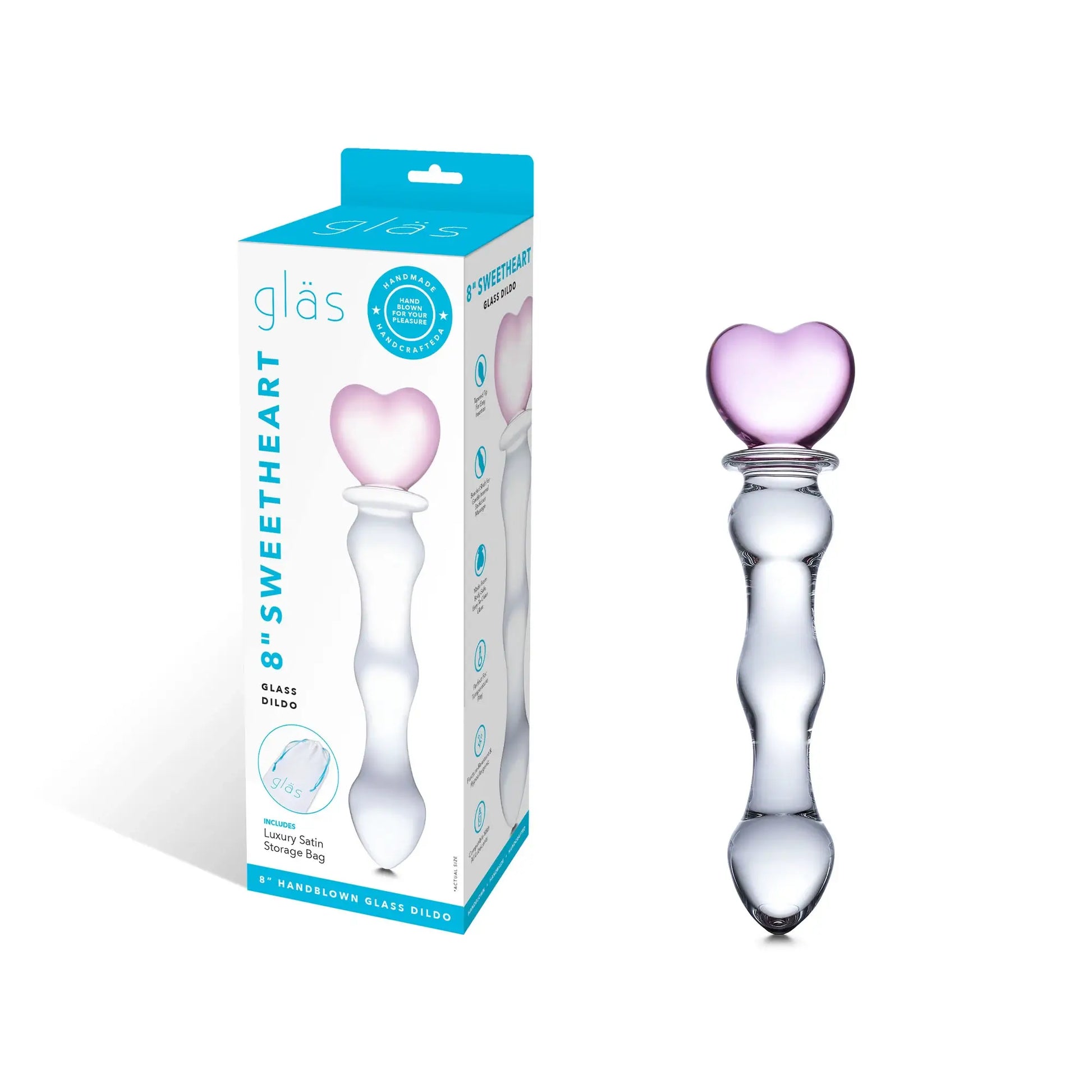 The 8" Sweetheart Glass Dildo displayed next to the packaging that the dildo comes in. | Kinkly Shop