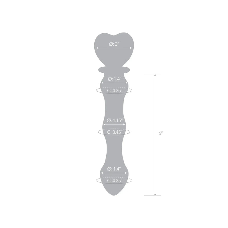 An outline of the 8" Sweetheart Glass Dildo with measurements superimposed over the dildo's shape. The heart has a diameter of 2". The insertable, non-heart portion of the shaft is 6" in insertable length. The tip has a diameter of 1.4" and a circumference of 4.25". | Kinkly Shop