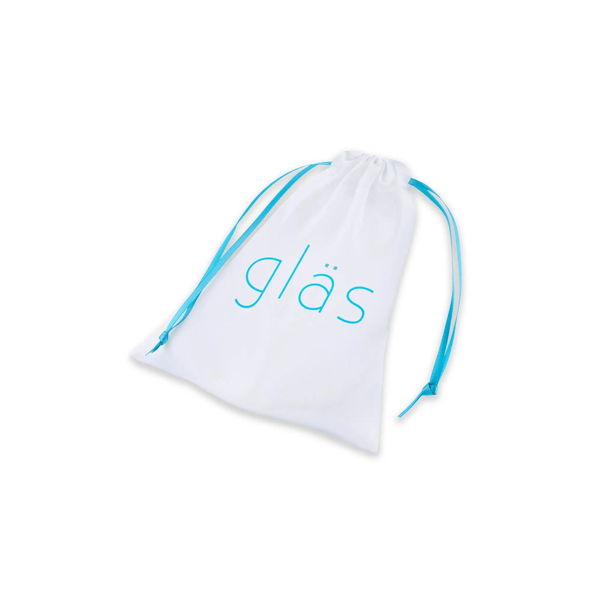 The included, white, drawstring pouch that comes with the 8" Sweetheart Glass Dildo. The pouch includes the "Glas" logo on it as well as matching aquamarine drawstrings. | Kinkly Shop