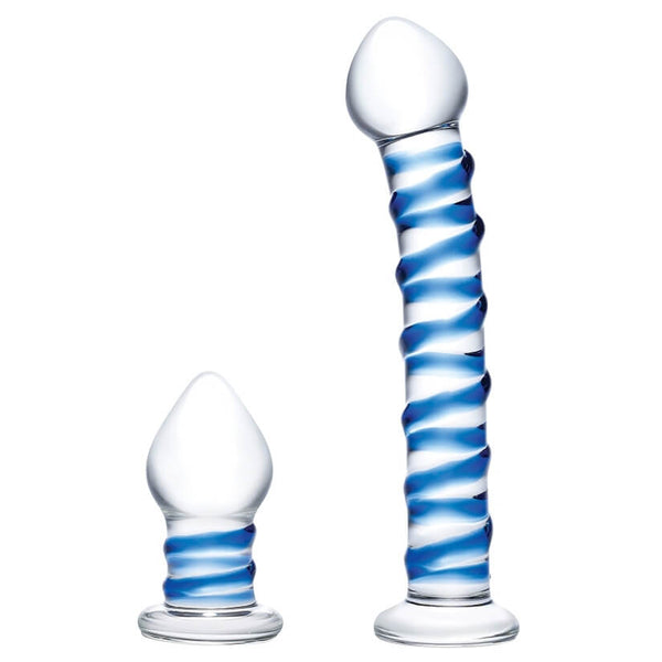 The Glas Double Penetration Kit two toys sitting in front of a plain white background. Both toys are made from see-through glass but have blue swirls that wrap around their shafts. | Kinkly Shop
