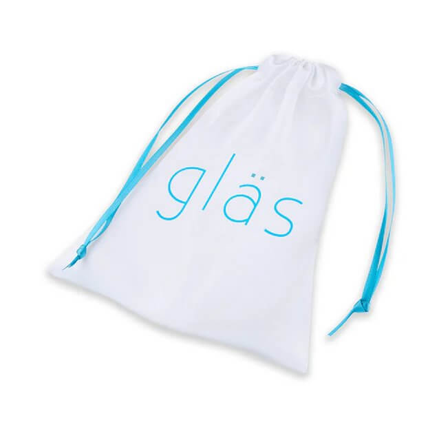 A plain white storage bag for the Glas Double Penetration Kit in front of a white background. It's a white drawstring bag with the word "Glas" written on it in blue. | Kinkly Shop