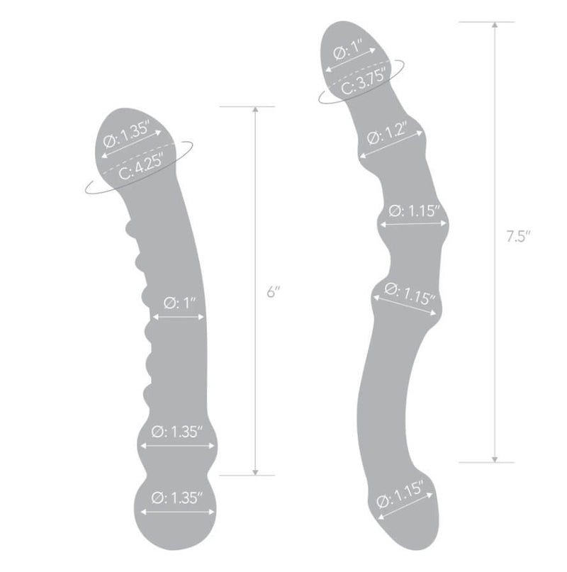 Outlines of the two dildos. Measurements for each aspect of the dildo are superimposed over the illustration. These measurements can be found in the GLAS Double Pleasure Set product description. | Kinkly Shop
