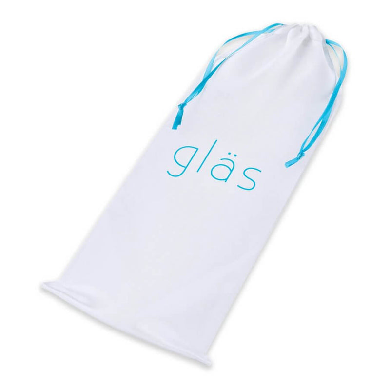 The included drawstring storage pouch to store the GLAS Double Pleasure Set dildos. It is a white drawstring bag with blue accents. The word "GLAS" is emblazoned across the front. | Kinkly Shop