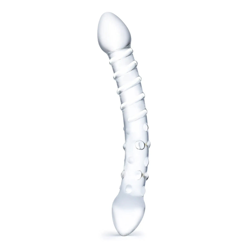 The Double Trouble Glass Dildo sitting out in front of a plain white background. | Kinkly Shop