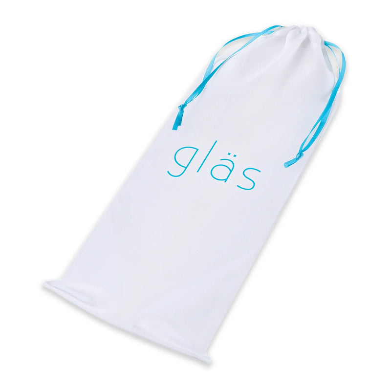 White drawstring bag that comes with the Double Trouble Glass Dildo. It has the brand name "Glas" on the bag as well as matching aquamarine drawstring ties. | Kinkly Shop