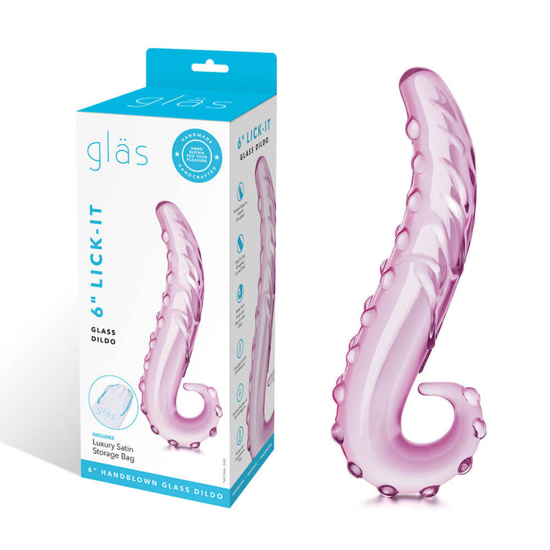 The Glas Lick-It Glass Dildo with a white background displayed next to the packaging for the dildo. | Kinkly Shop