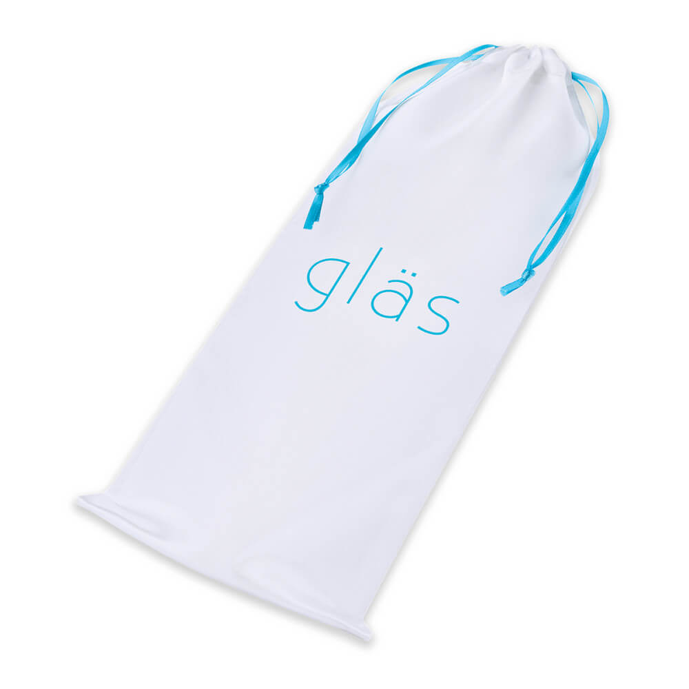 The white drawstring bag that's included to store the Glas Lick-It Glass Dildo. The "Glas" logo is written on the front in a blue teal. | Kinkly Shop