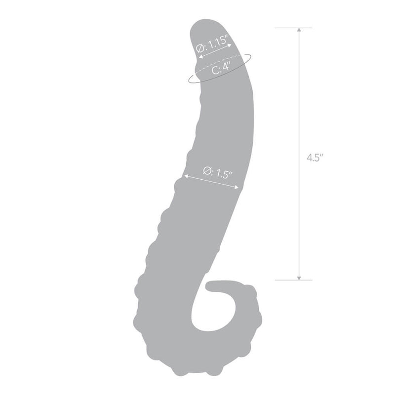 An outline of the Glas Lick-It Glass Dildo. The toy's measurements are super-imposed over the shape. All of the measurements are listed within the product description. | Kinkly Shop