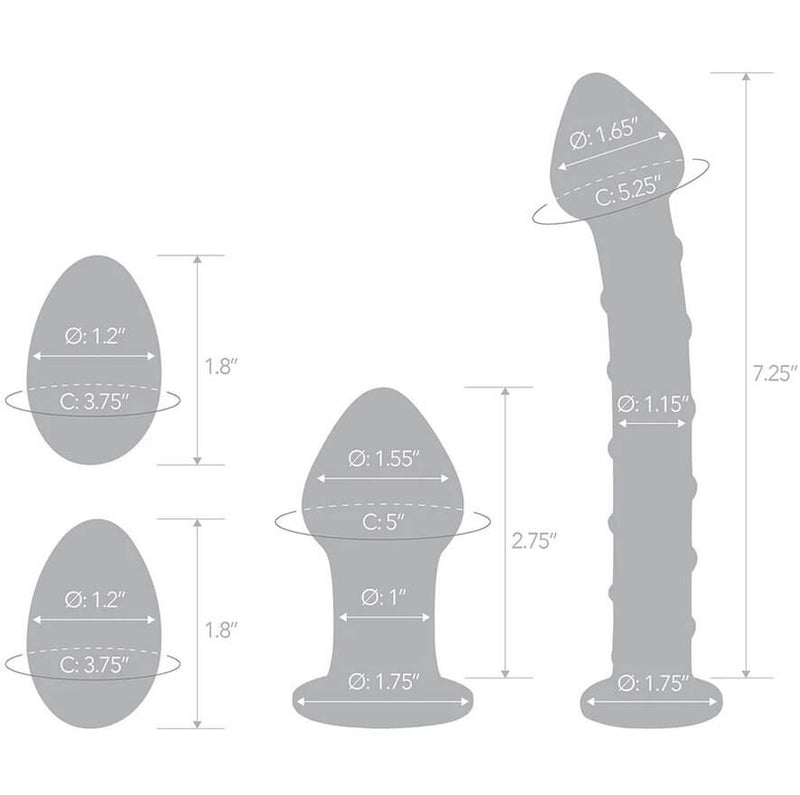 The illustrated outlines of all of the toys included in the 4-piece Glas Double Penetration Kit. Superimposed over the illustrations are the measurements of various aspects of both toys. The information is included within the product description. | Kinkly Shop
