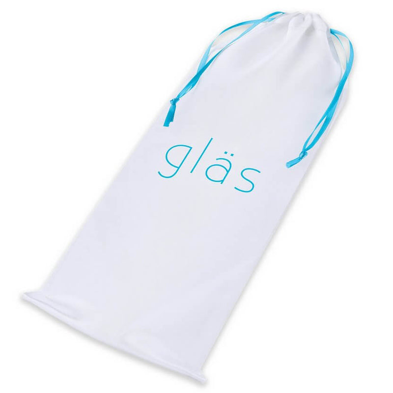 White, drawstring storage bag that comes with the Purple Rose Nubby dildo. The bag is white with the brand "Glas" emblazoned on the front. | Kinkly Shop