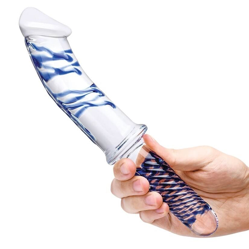 A hand holds the Glas Realistic Dildo with Handle Glass Dildo on the handle. The handle is about the perfect size for the person's palm, and it leaves the entire insertable shaft available for play. | Kinkly Shop