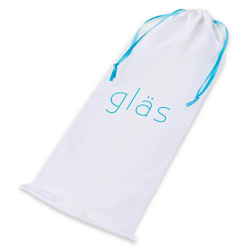 The drawstring storage bag that comes with the Spiral Staircase glass dildo. The white drawstring bag has the "Glas" logo emblazoned on the front of it. It is not padded. | Kinkly Shop