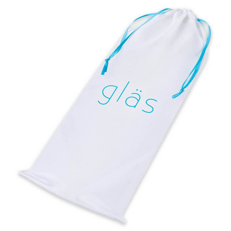 The drawstring storage bag that comes with the Spiral Staircase glass dildo. The white drawstring bag has the "Glas" logo emblazoned on the front of it. It is not padded. | Kinkly Shop