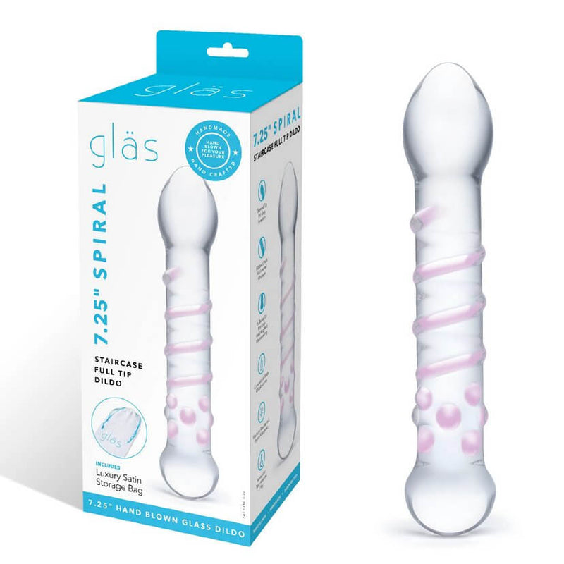The Spiral Staircase glass dildo displayed next to the packaging of the Spiral Staircase glass dildo. | Kinkly Shop