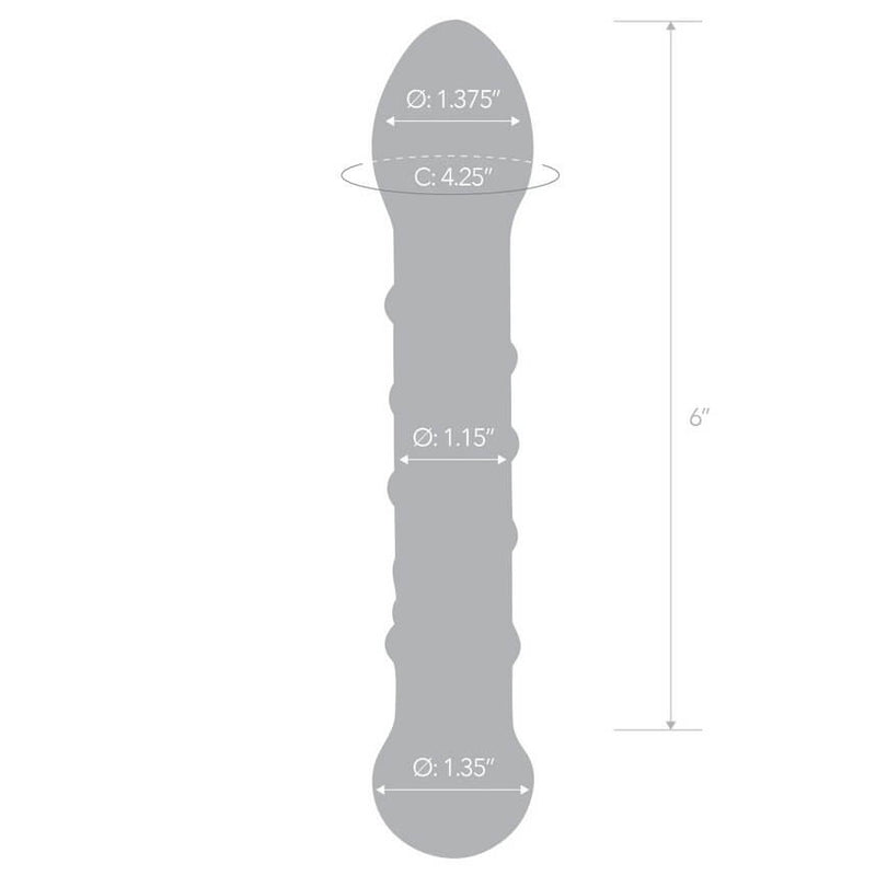 An outline of the Spiral Staircase glass dildo with the measurements of the dildo superimposed on top of the outline. All of the measurements can be found in the text of the product description. | Kinkly Shop
