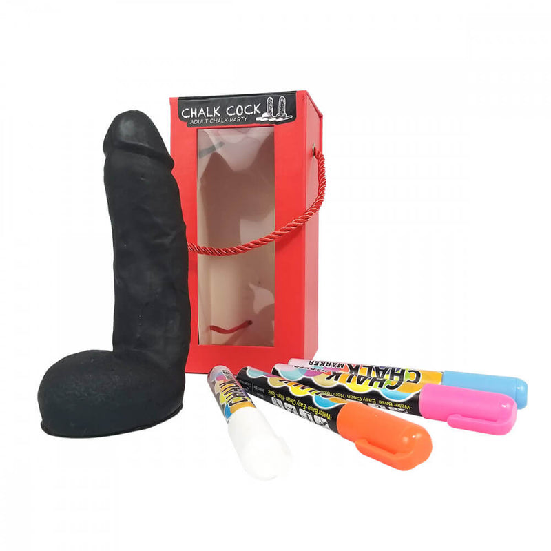 Chalk Cock next to its packaging as well as the four included chalk markers. | Kinkly Shop