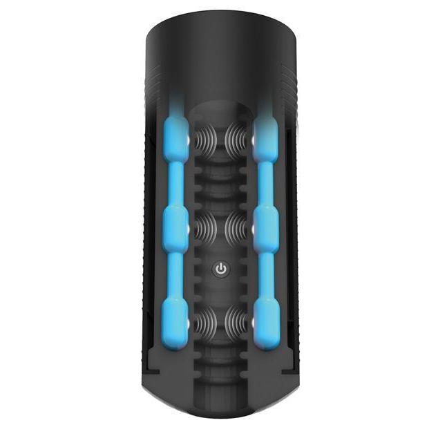 An illustration of the KIIROO Titan Interactive Vibrating Stroker showcases what the inside of the toy looks like. There are 9 vibrators, in rows of 3, that line the interior of the Titan starting right at the entrance of the toy. This provides vibrations all throughout the shaft. | Kinkly Shop