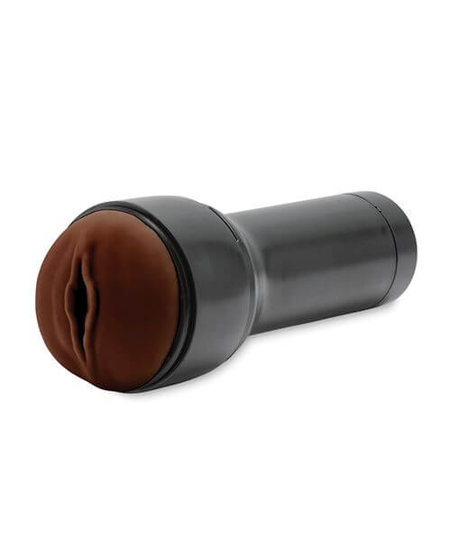KIIROO RealFeel Generic Vulva in Dark Brown. The stroker is laying at a 3/4ths angle to the camera against a white background. | Kinkly Shop