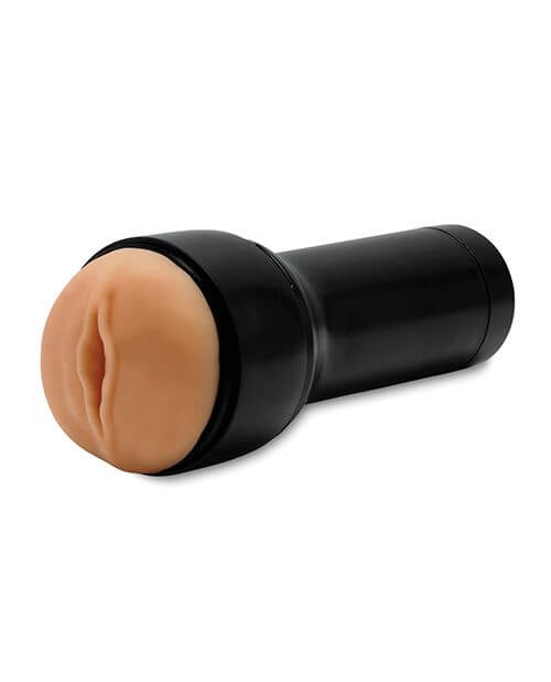 KIIROO RealFeel Generic Vulva in Light Brown. The stroker is laying at a 3/4ths angle to the camera against a white background. | Kinkly Shop