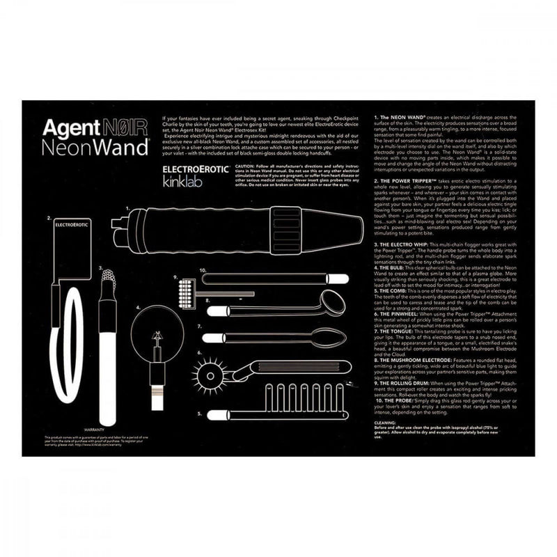 Backside of the box for the KinkLab Agent Noir Electro Erotic Neon Wand Kit. It provides an illustrated outline of all of the items that are included within the kit and may be easier to see compared to the other photos. | Kinkly Shop