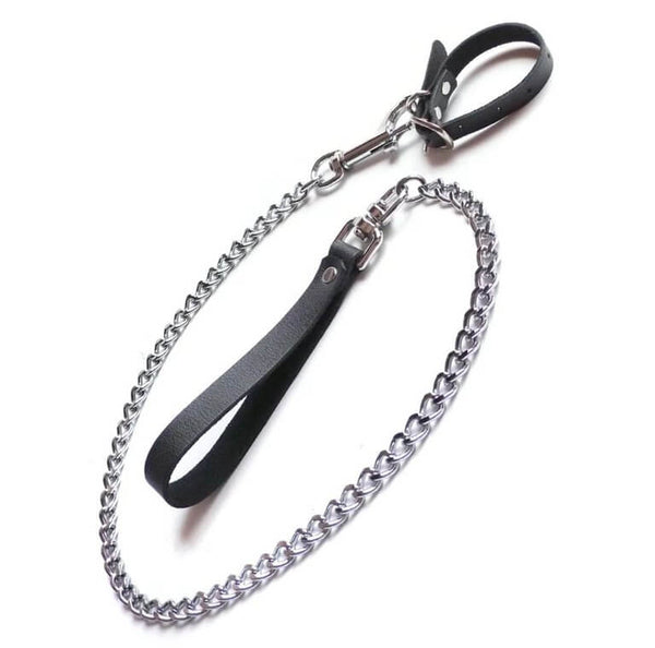 The Kinklab Cock Ring and Chain Leash Set up against a white background. The leash is currently connected to the cock ring which is looped like it would be worn. | Kinkly Shop