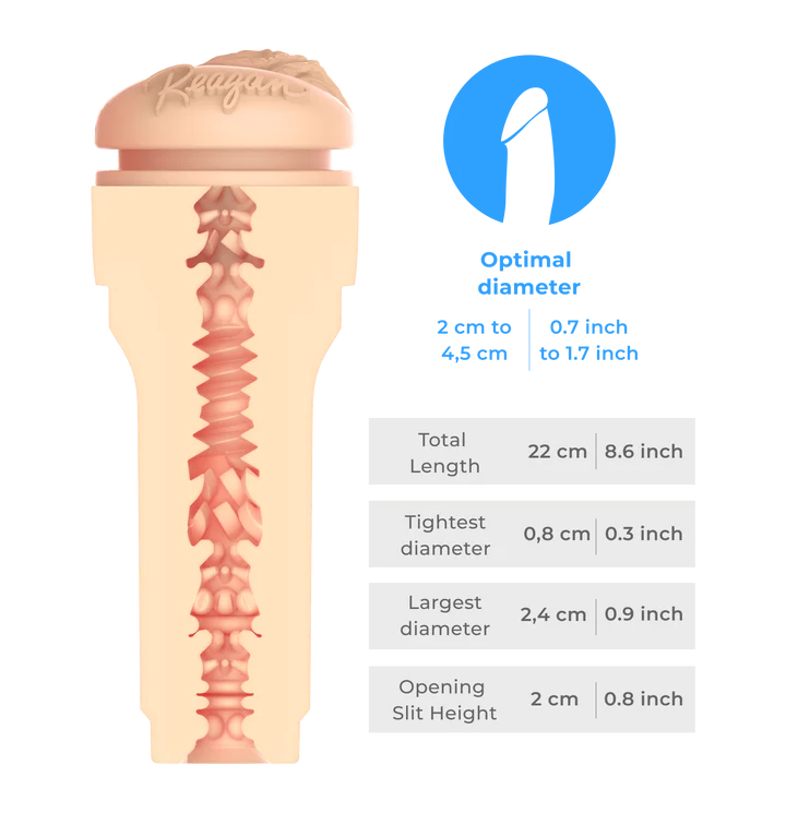 A cross-section of the KIIROO FeelStars FeelReagan Stroker. The measurements of the stroker are also listed on the image. The measurements are also included within the product text description. | Kinkly Shop