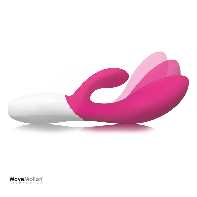 A super-imposed image of the LELO INA Wave 2 shows the movement of the shaft. This movement causes the shaft to motion inward in a come-hither motion. | Kinkly Shop