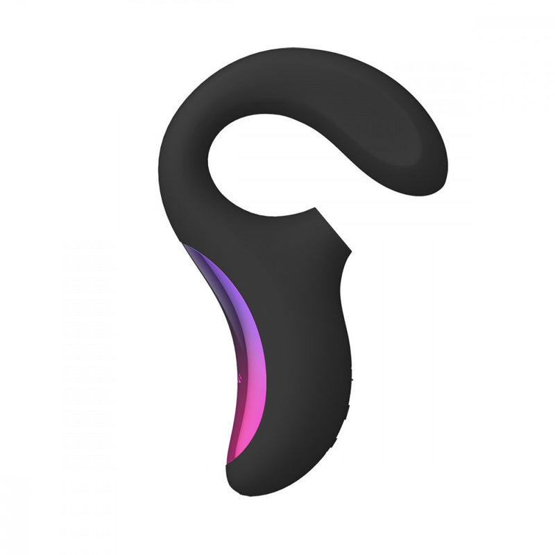Side view of the LELO Enigma shows the angle of the air suction rabbit vibrator tip and how it relates to the internal g-spot area | Kinkly Shop