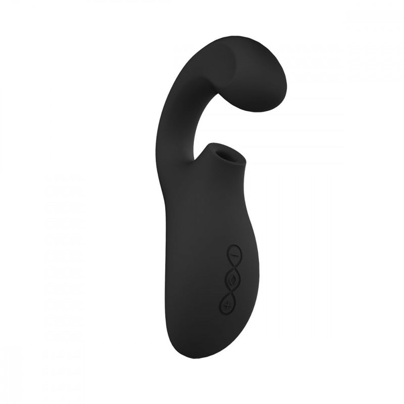 Angled view of the LELO Enigma air suction rabbit vibe shows the three buttons on the base of the vibe that allow for easy control of the sex toy | Kinkly Shop